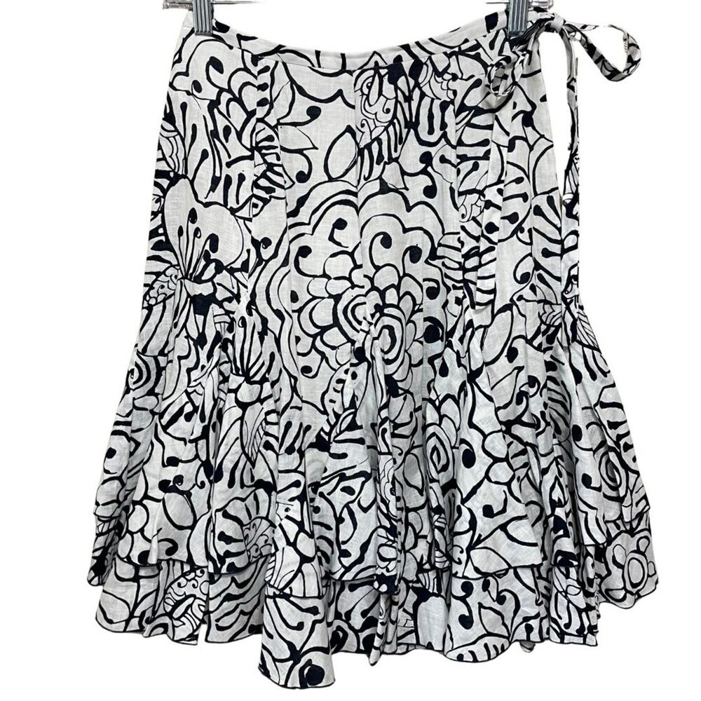 Lafayette 148 NY Linen Tiered Skirt Women's Size 2 Black White Sketch Floral Bow